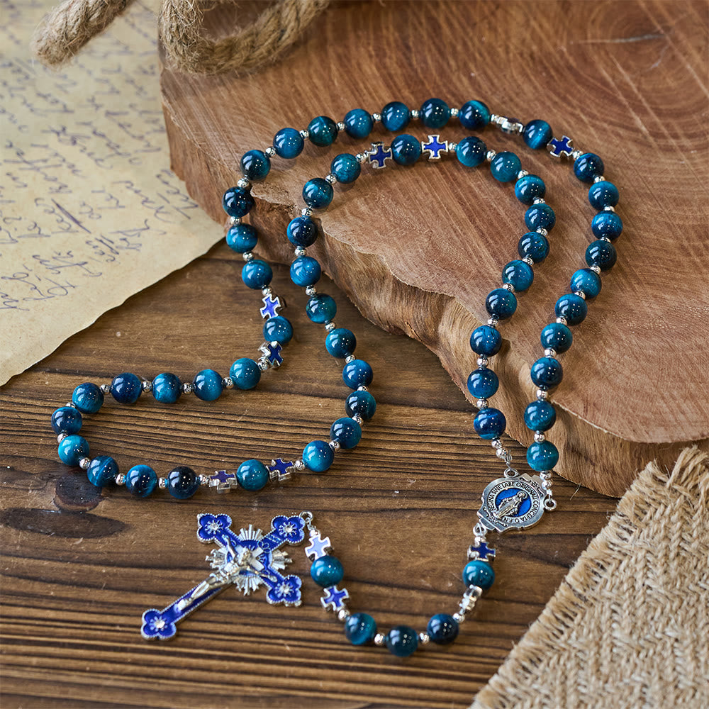 Christianartworkshop Schimmernder blauer Tigeraugen-Rosenkranz mit Emaille-Kreuz zur besinnlichen Andacht - image 2