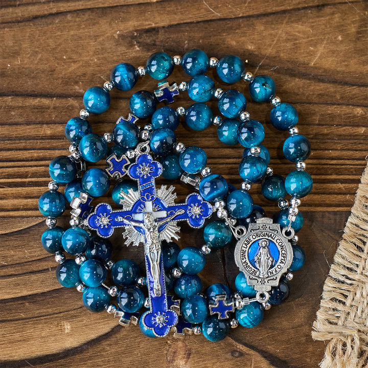 Christianartworkshop Schimmernder blauer Tigeraugen-Rosenkranz mit Emaille-Kreuz zur besinnlichen Andacht - image 5