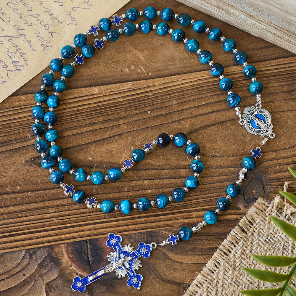 Christianartworkshop Schimmernder blauer Tigeraugen-Rosenkranz mit Emaille-Kreuz zur besinnlichen Andacht - image 3