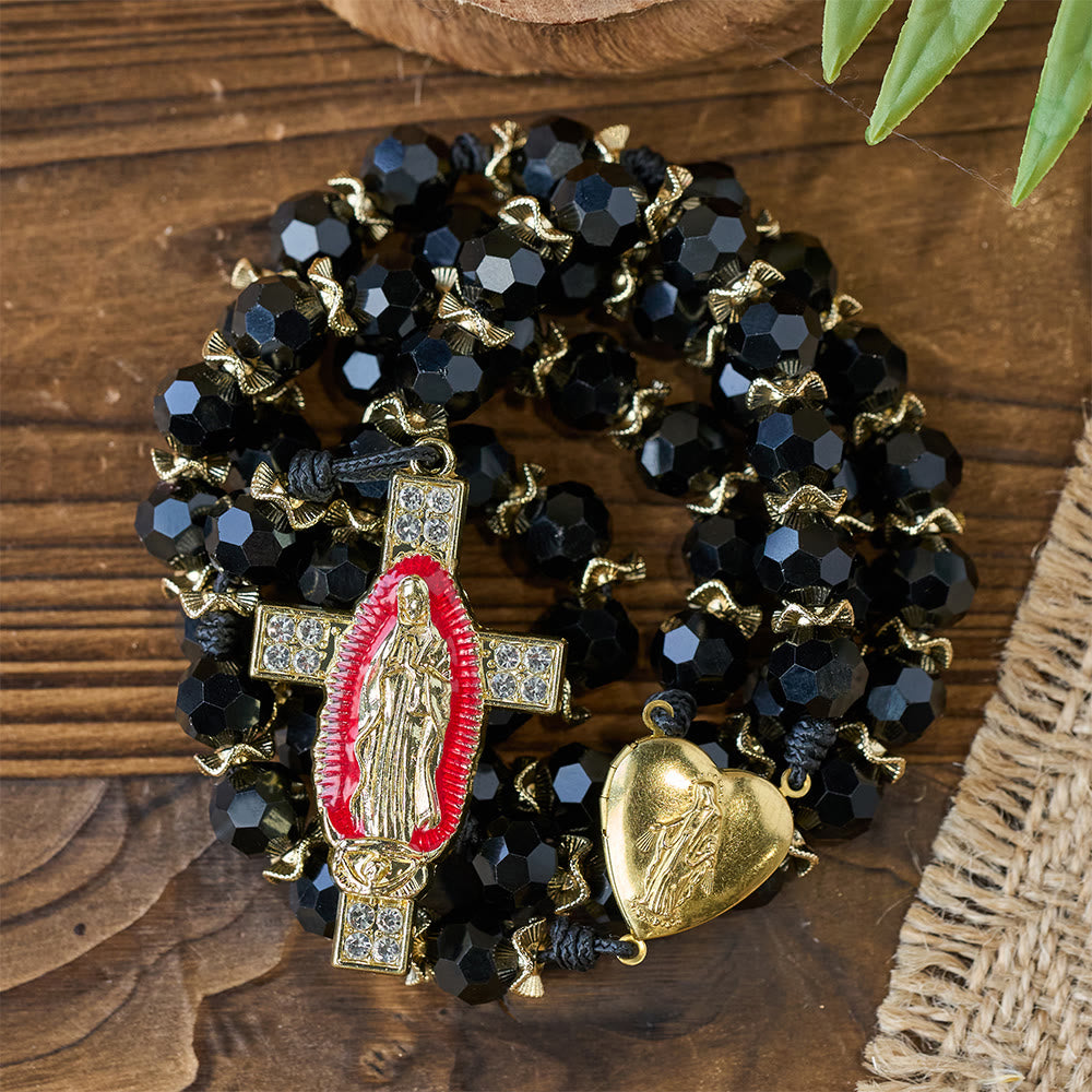 Christianartworkshop Eleganter Rosenkranz aus schwarzem Facettenglas mit rotem Emaille-Kreuz der Jungfrau Maria - image 4