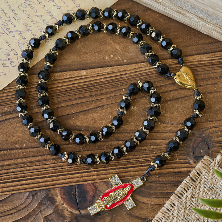 Christianartworkshop Eleganter Rosenkranz aus schwarzem Facettenglas mit rotem Emaille-Kreuz der Jungfrau Maria - image 5