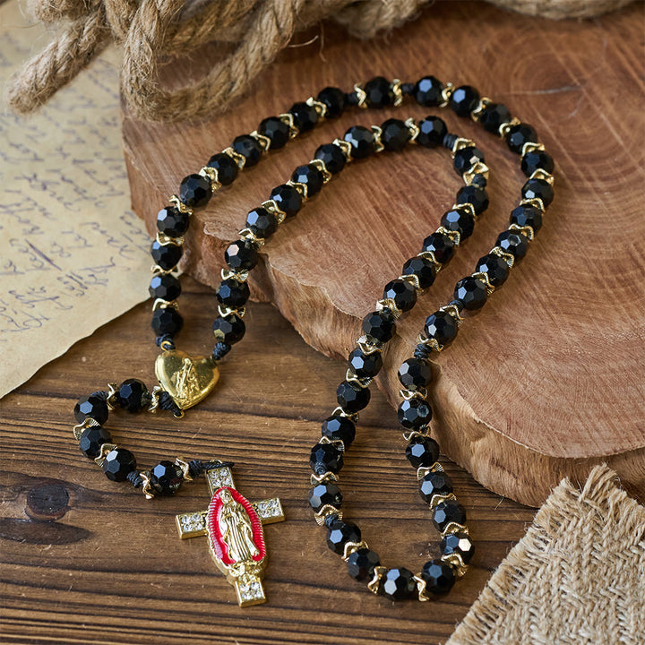 Christianartworkshop Eleganter Rosenkranz aus schwarzem Facettenglas mit rotem Emaille-Kreuz der Jungfrau Maria - Rosenkranz Unserer Lieben Frau - image 0