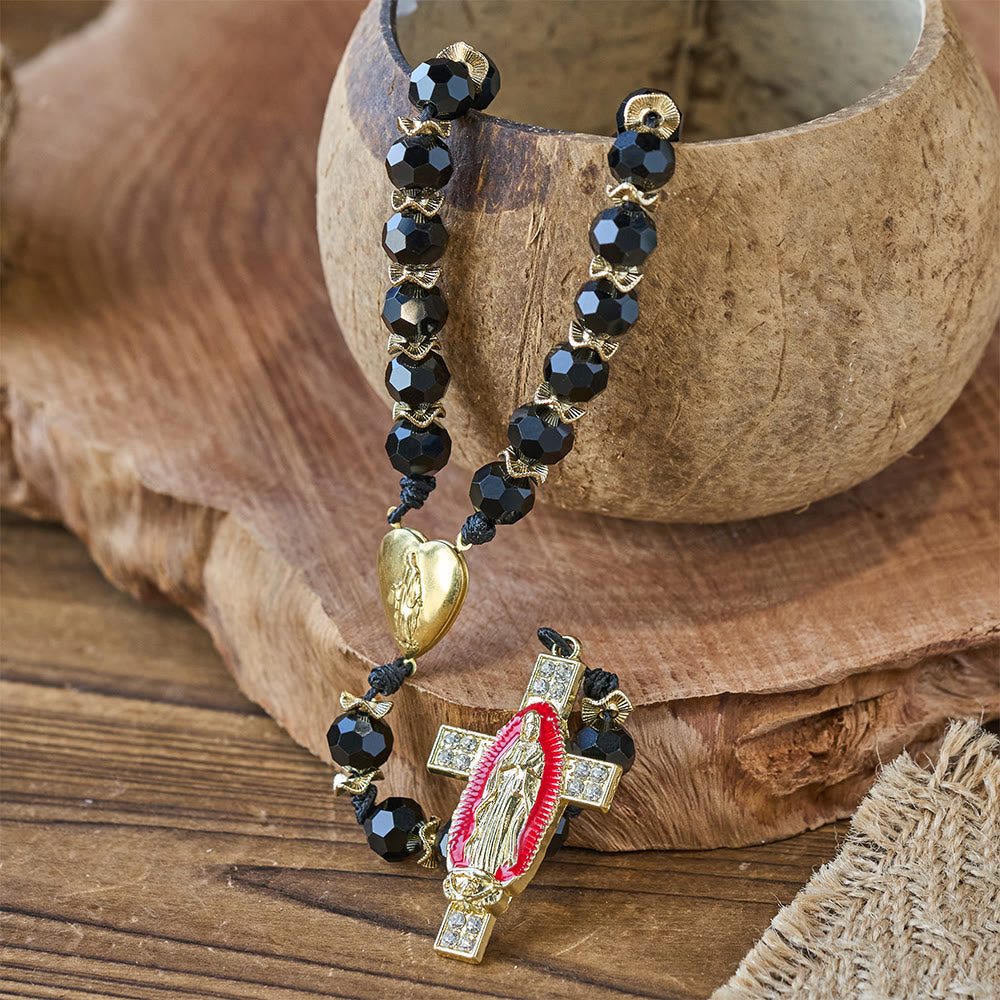 Christianartworkshop Eleganter Rosenkranz aus schwarzem Facettenglas mit rotem Emaille-Kreuz der Jungfrau Maria - image 6