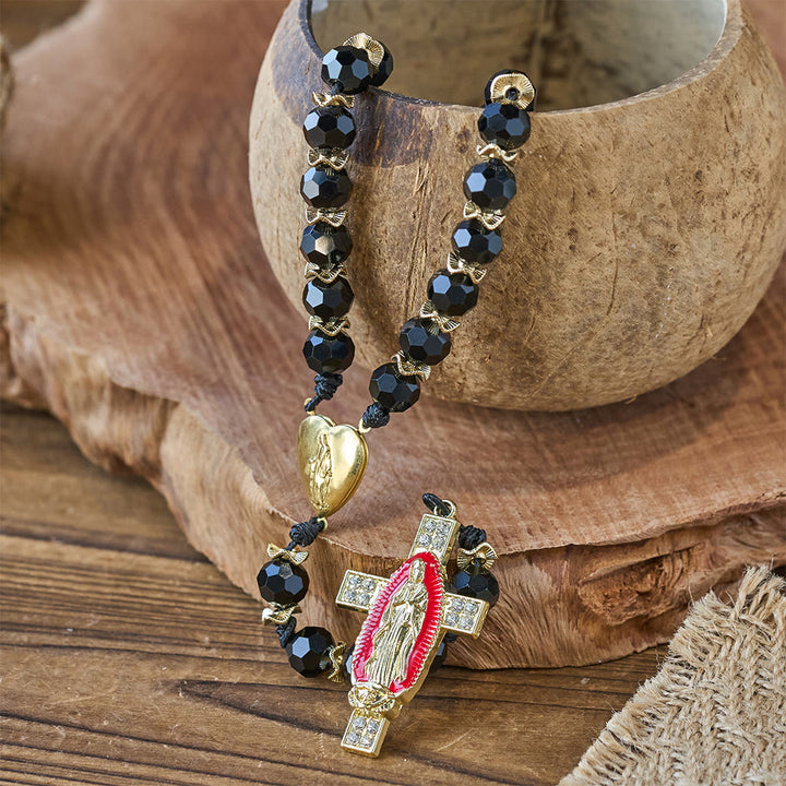 Christianartworkshop Eleganter Rosenkranz aus schwarzem Facettenglas mit rotem Emaille-Kreuz der Jungfrau Maria - image 6