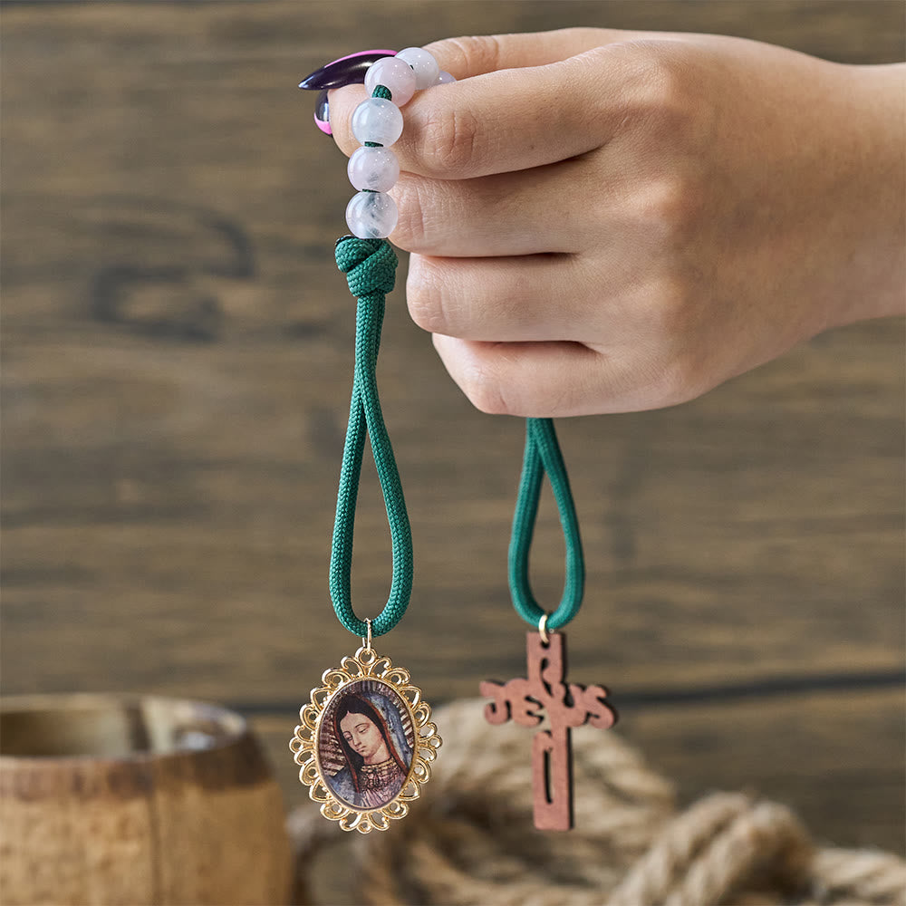 Christianartworkshop Tragbarer Rosenkranz aus rosa Quarz und rotem Achat mit Marienanhänger - image 1
