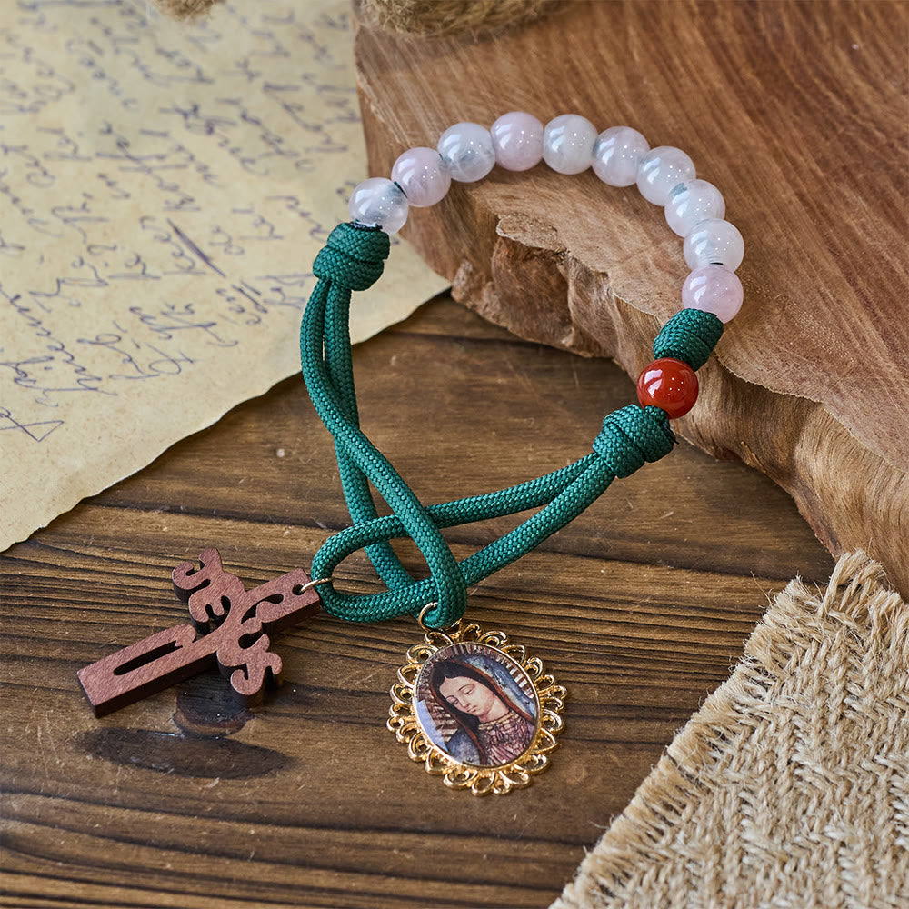 Christianartworkshop Tragbarer Rosenkranz aus rosa Quarz und rotem Achat mit Marienanhänger - image 2
