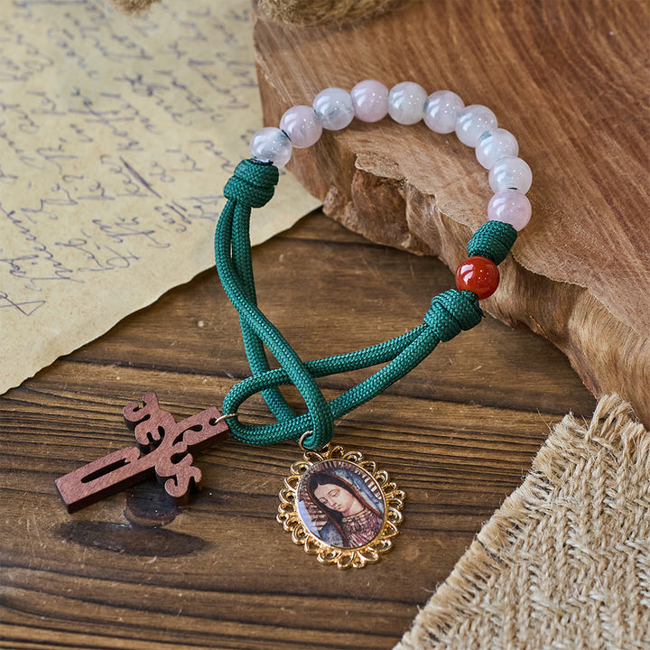 Christianartworkshop Tragbarer Rosenkranz aus rosa Quarz und rotem Achat mit Marienanhänger - image 2