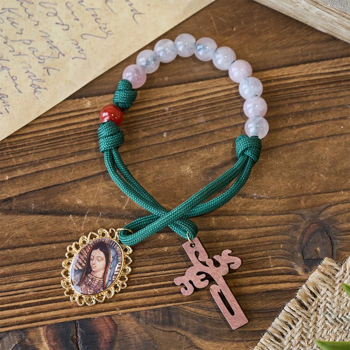 Christianartworkshop Tragbarer Rosenkranz aus rosa Quarz und rotem Achat mit Marienanhänger - image 3