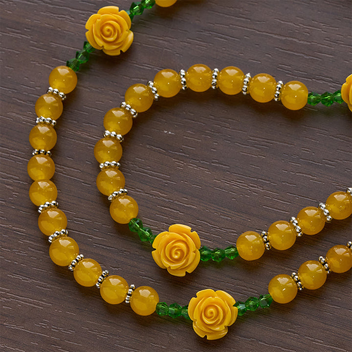 Christianartworkshop Osterrosenkranz „Garten des Glaubens“ aus gelber Jade und Rosenperlen mit zartem Kreuz - image 7