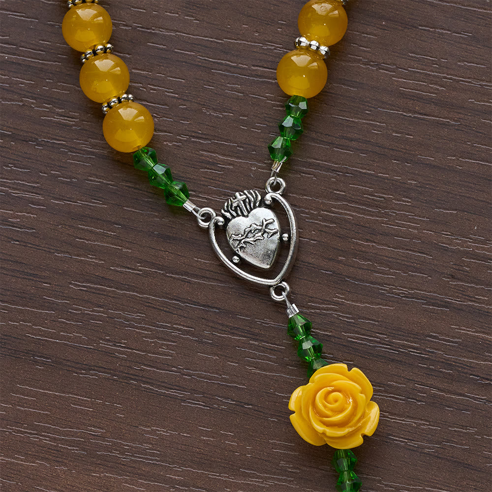Christianartworkshop Osterrosenkranz „Garten des Glaubens“ aus gelber Jade und Rosenperlen mit zartem Kreuz - image 8