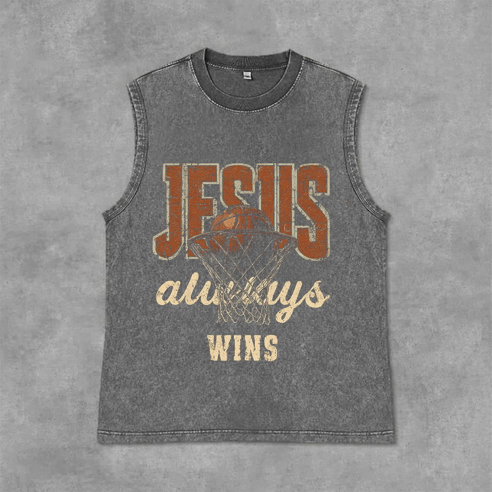 Christianartworkshop Jesus Always Wins Basketball Unisex Washed Tank Top - Grau - 2XL - image 0