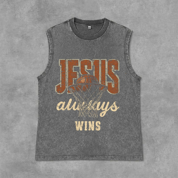 Christianartworkshop Jesus Always Wins Basketball Unisex Washed Tank Top - Grau - 2XL - image 0