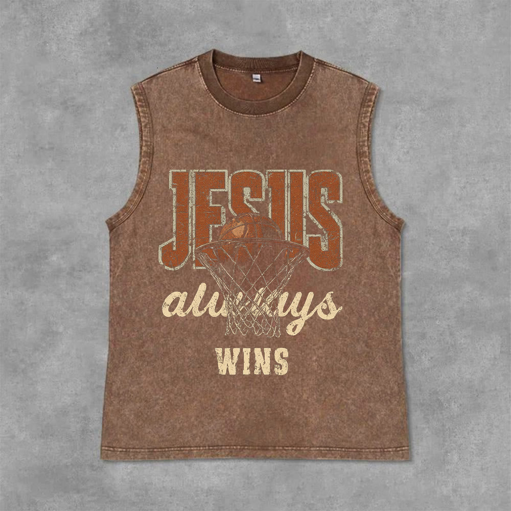 Christianartworkshop Jesus Always Wins Basketball Unisex Washed Tank Top - Braun - 2XL - image 3