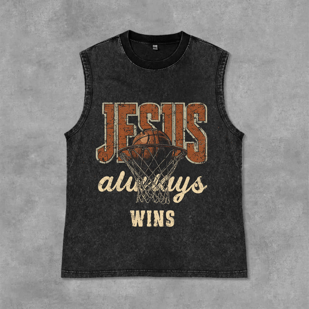 Christianartworkshop Jesus Always Wins Basketball Unisex Washed Tank Top - Schwarz - 2XL - image 6
