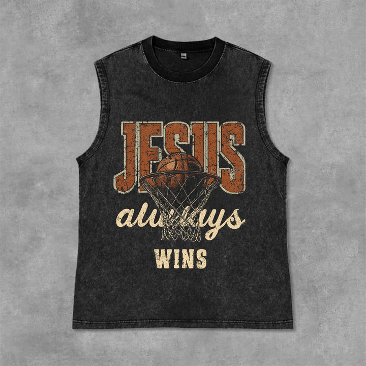 Christianartworkshop Jesus Always Wins Basketball Unisex Washed Tank Top - Schwarz - 2XL - image 6