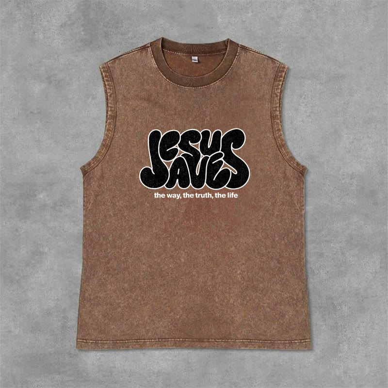 Christianartworkshop Jesus Saves Retro Unisex Washed Tank Top - Braun - 2XL - image 9