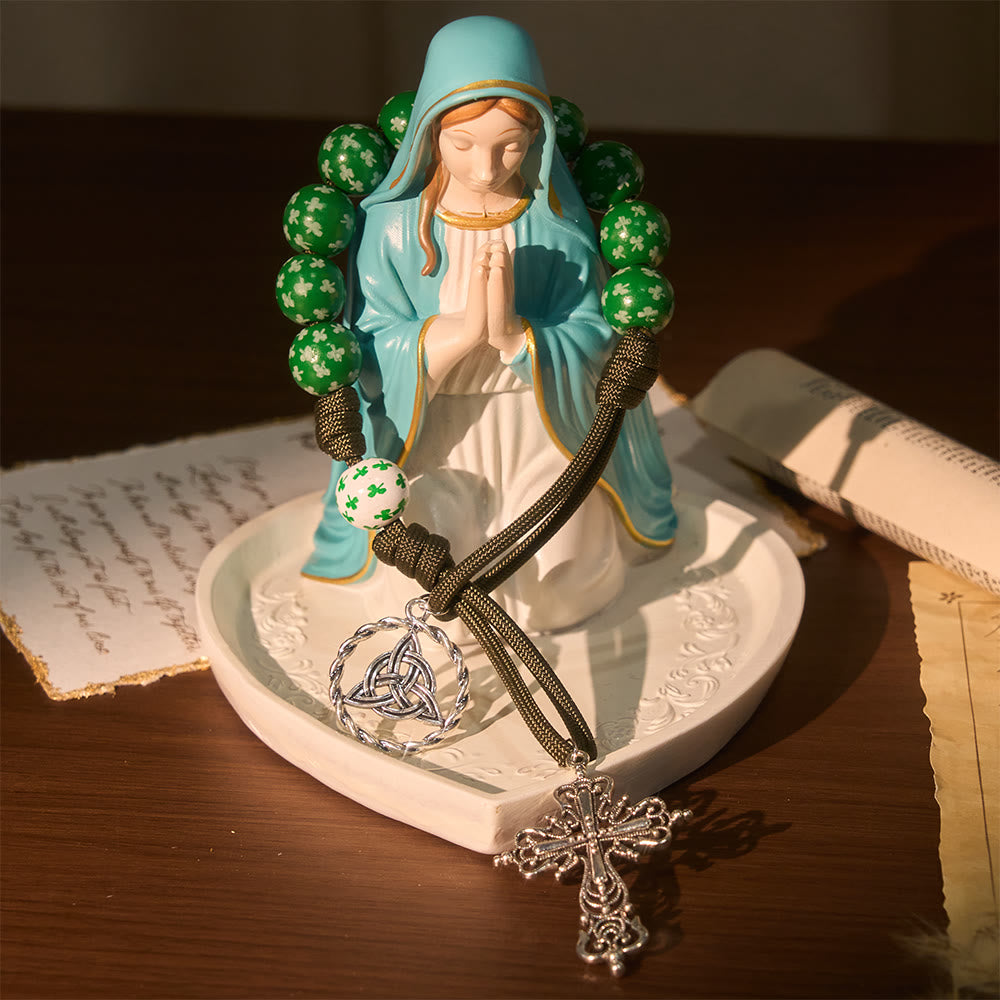 Christianartworkshop Irischer Segen, Glücksrosenkranz für die Hosentasche mit ewigem Knoten, grüne und weiße Holzperlen - image 11