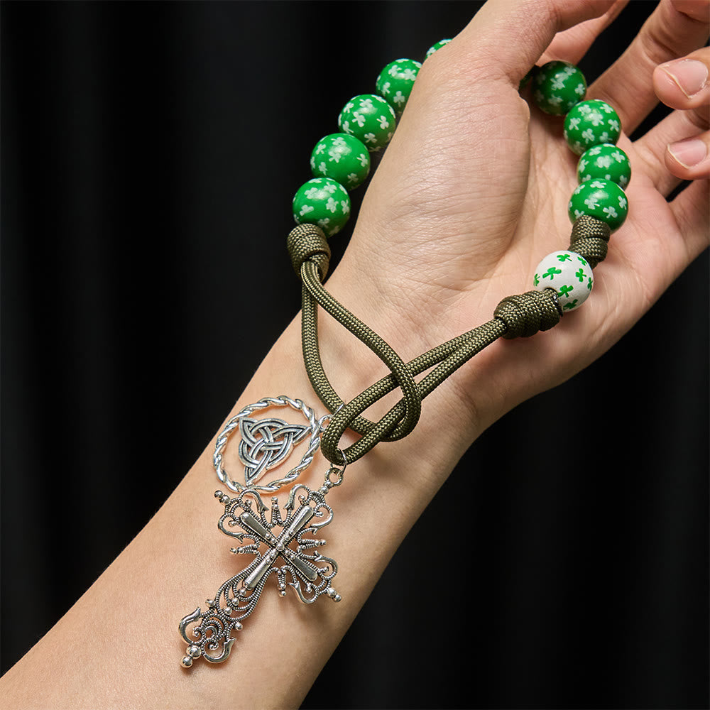 Christianartworkshop Irischer Segen, Glücksrosenkranz für die Hosentasche mit ewigem Knoten, grüne und weiße Holzperlen - image 2