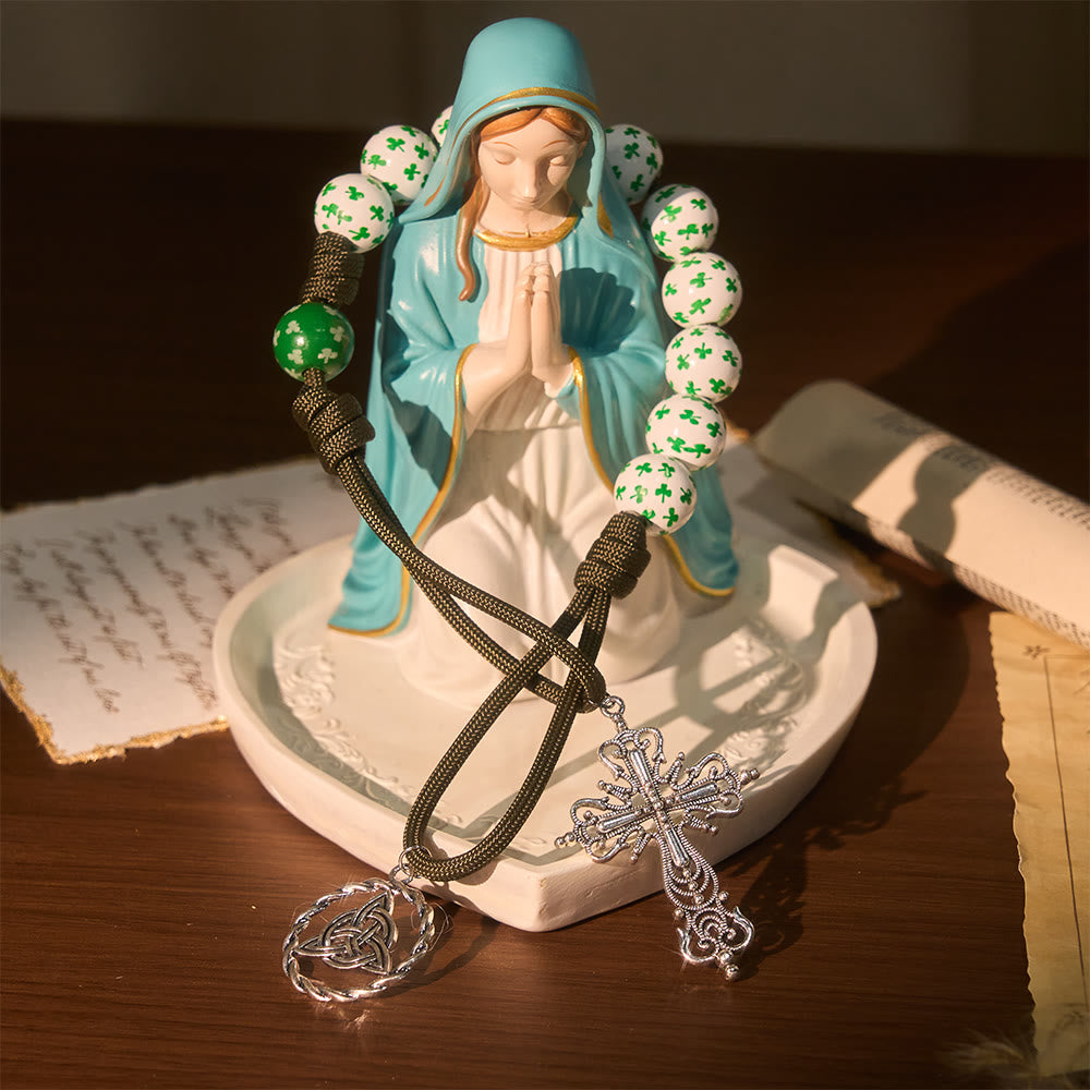 Christianartworkshop Irischer Segen, Glücksrosenkranz für die Hosentasche mit ewigem Knoten, grüne und weiße Holzperlen - image 6