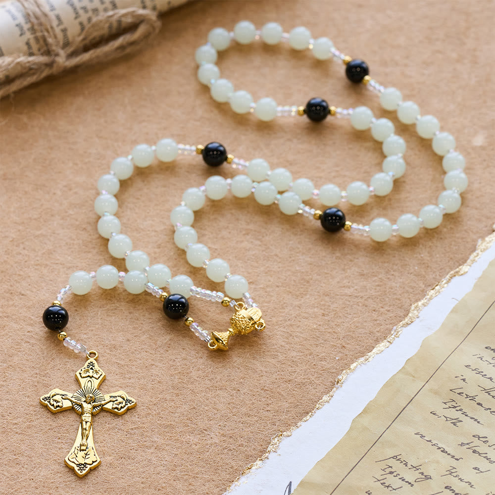 Christianartworkshop Eleganter Rosenkranz aus grünem und schwarzem Obsidian mit goldenem Kelch - image 3