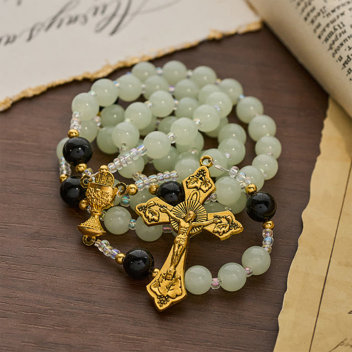 Christianartworkshop Eleganter Rosenkranz aus grünem und schwarzem Obsidian mit goldenem Kelch - image 5