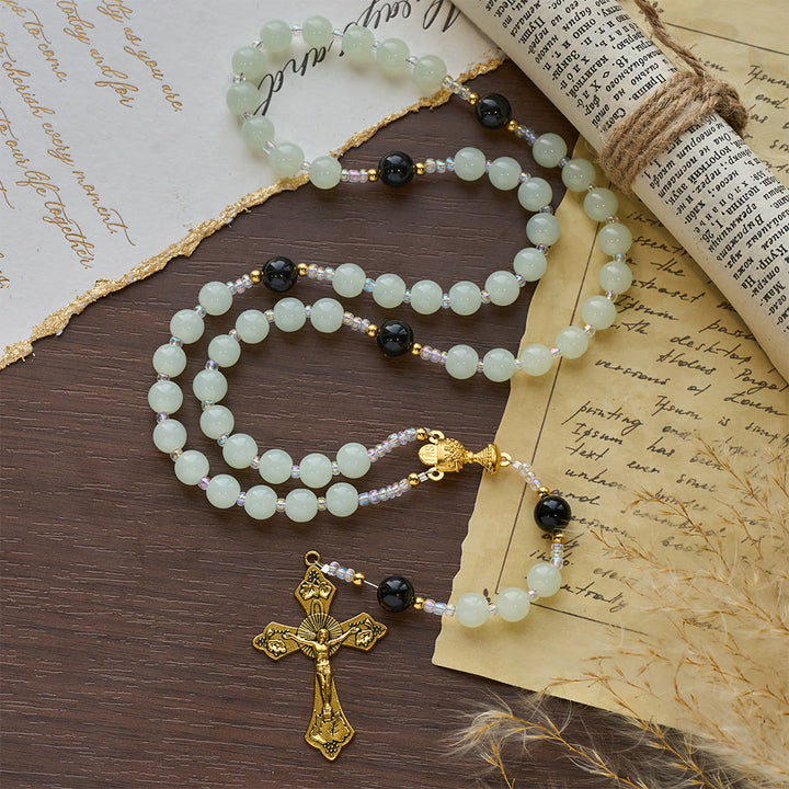 Christianartworkshop Eleganter Rosenkranz aus grünem und schwarzem Obsidian mit goldenem Kelch - image 1