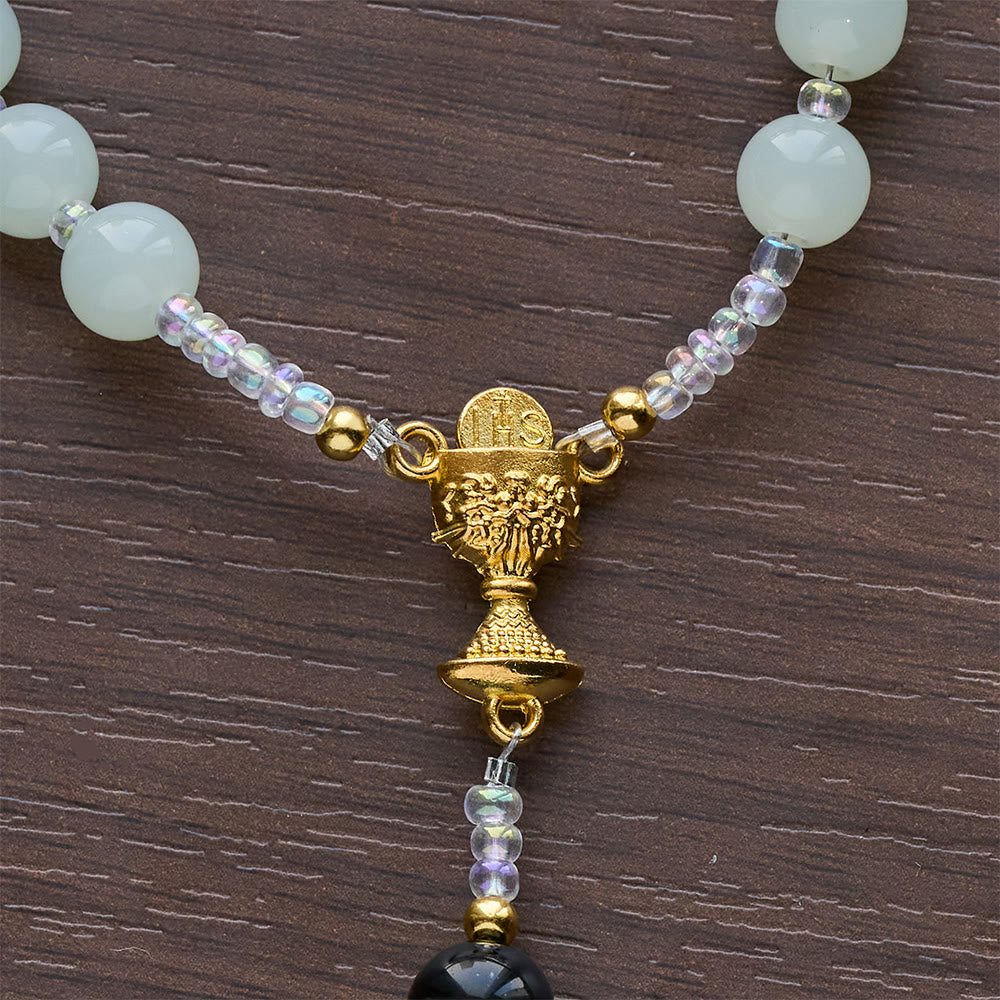 Christianartworkshop Eleganter Rosenkranz aus grünem und schwarzem Obsidian mit goldenem Kelch - image 8