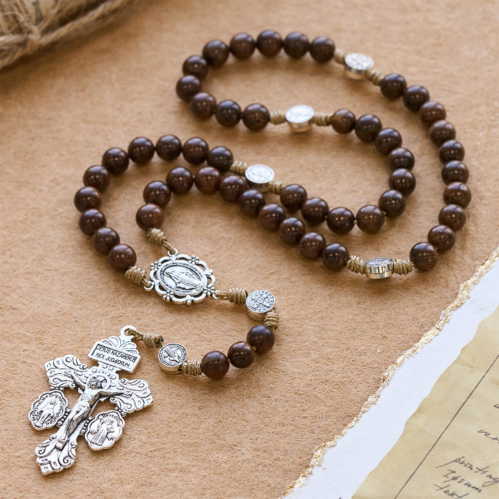Christianartworkshop Vintage Amboyna Holzrosenkranz mit St. Benedikt Schutzpatron - Der heilige Benedikt und das Kruzifix - image 0