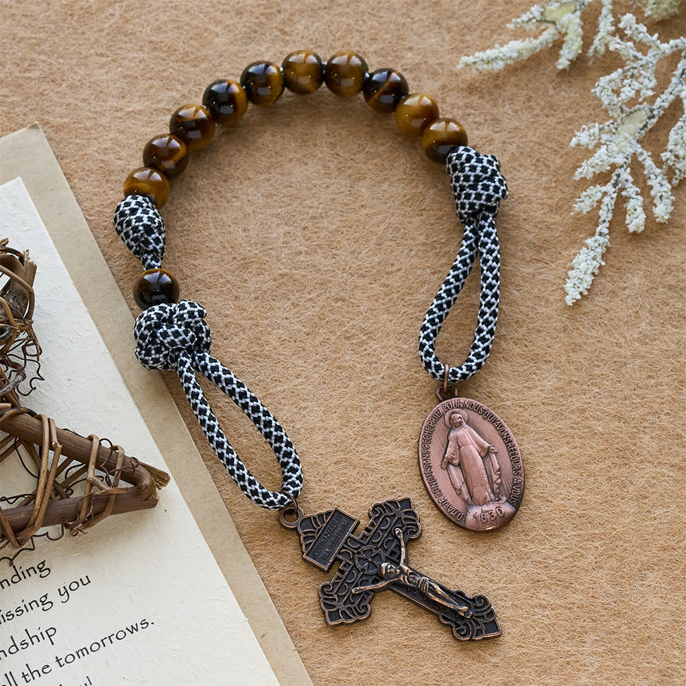 Christianartworkshop Vintage Taschenrosenkranz aus rotem Kupfer mit Marien- und Tigeraugenperlen - Unsere Liebe Frau und das Kruzifix - image 0
