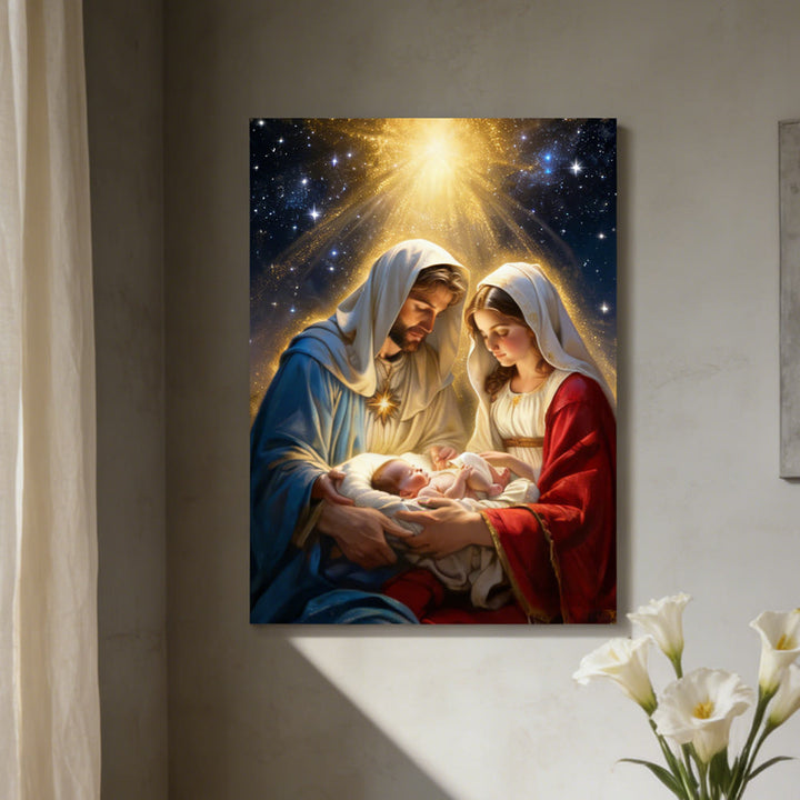 Christianartworkshop Wandbild „Heilige Familie – Geburt im Sternenlicht“: Ein Symbol göttlicher Hoffnung und des Friedens - Gerahmtes Leinwandgemälde - 11,81''*15,75''0,71"/30*40*1,8cm - image 0
