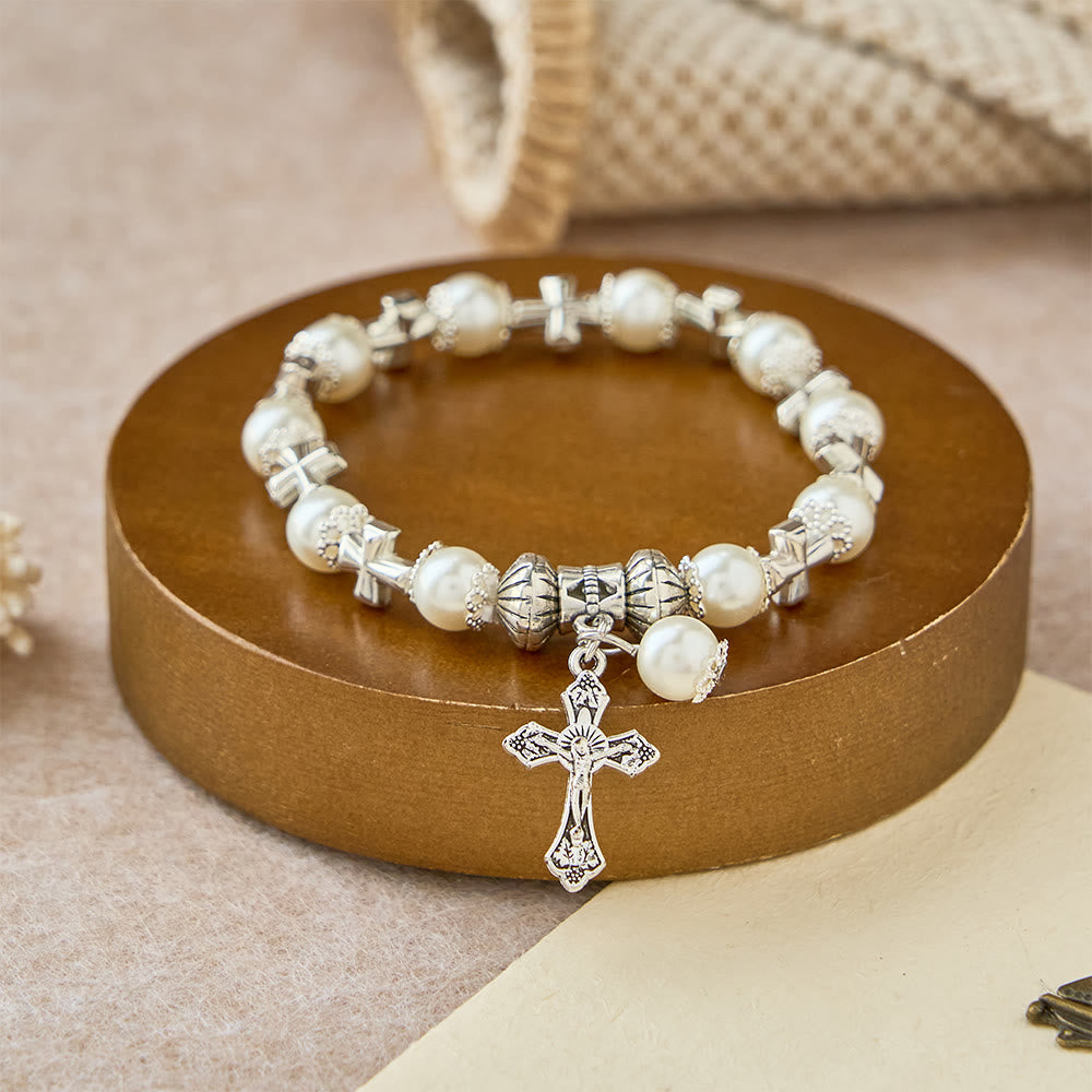 Christianartworkshop Silbernes Perlenarmband mit Kreuzmotiv: Verkörpern Sie die Gnade der andächtigen Besinnung - Weiß - image 0