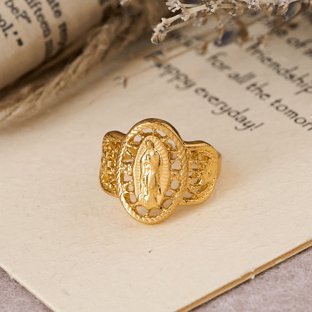 Christianartworkshop Aufwendig gearbeiteter Marienring mit durchbrochenem Muster: Drei Farbvarianten für zeitlose Verehrung - Golden (Geeignet für US-Größen 6-9) - image 5