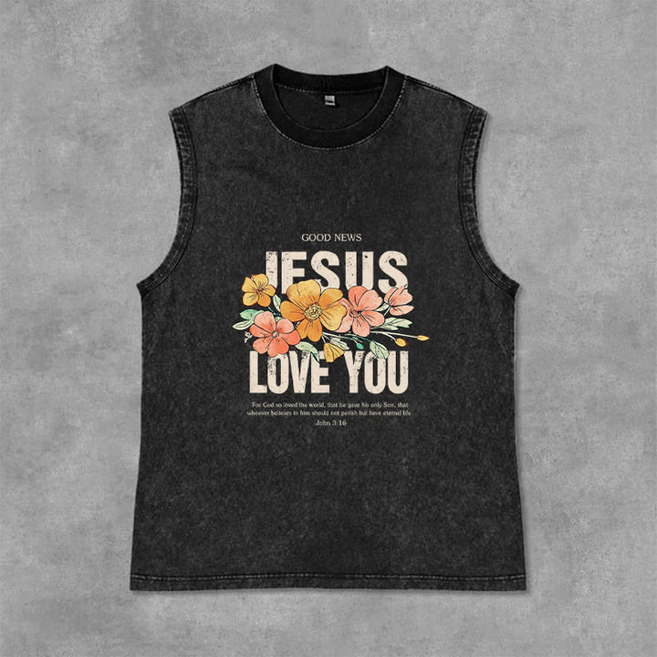 Christianartworkshop Jesus Loves You Floral Unisex Washed Tank Top - Schwarz - 2XL - image 3