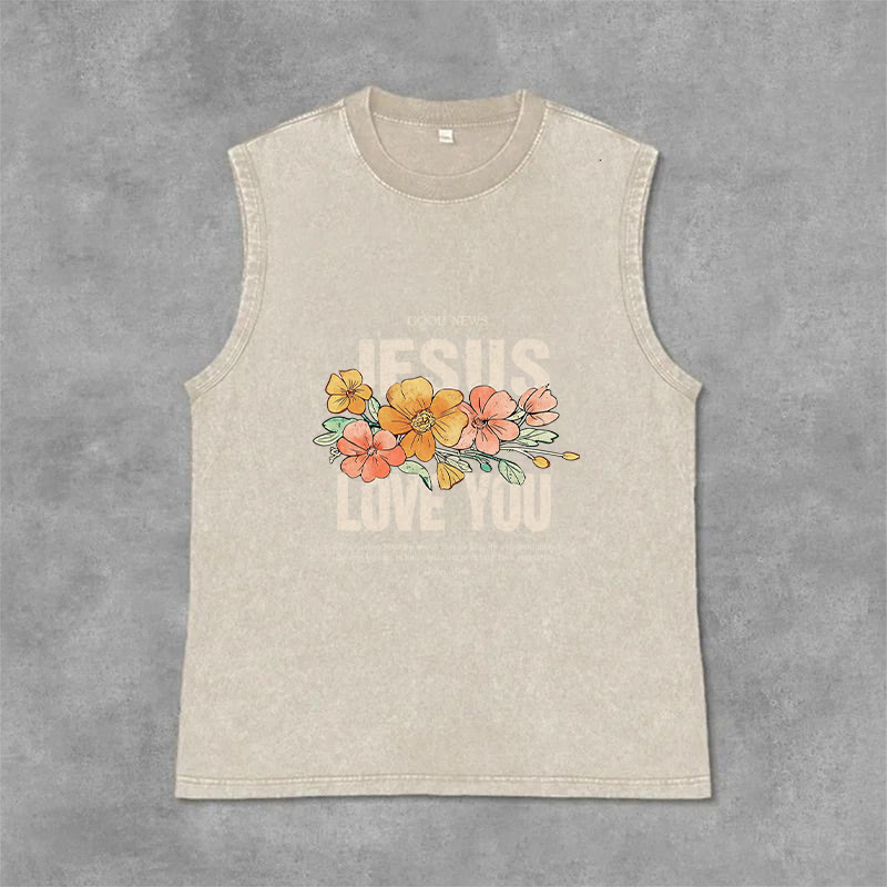 Christianartworkshop Jesus Loves You Floral Unisex Washed Tank Top - Beige - 2XL - image 6