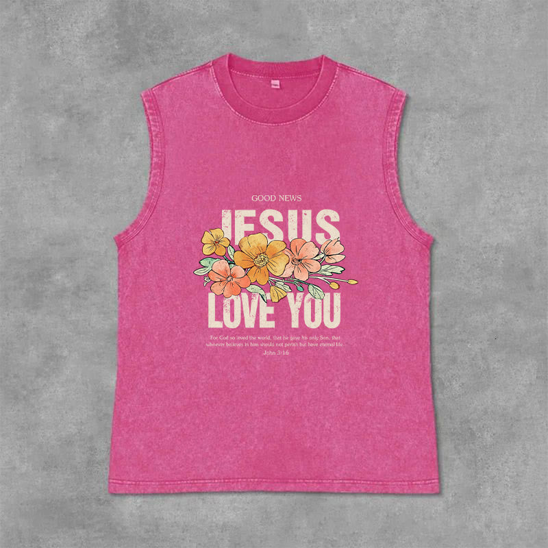 Christianartworkshop Jesus Loves You Floral Unisex Washed Tank Top - Rosa - 2XL - image 6