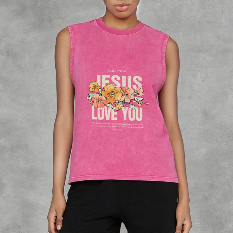 Christianartworkshop Jesus Loves You Floral Unisex Washed Tank Top - image 4