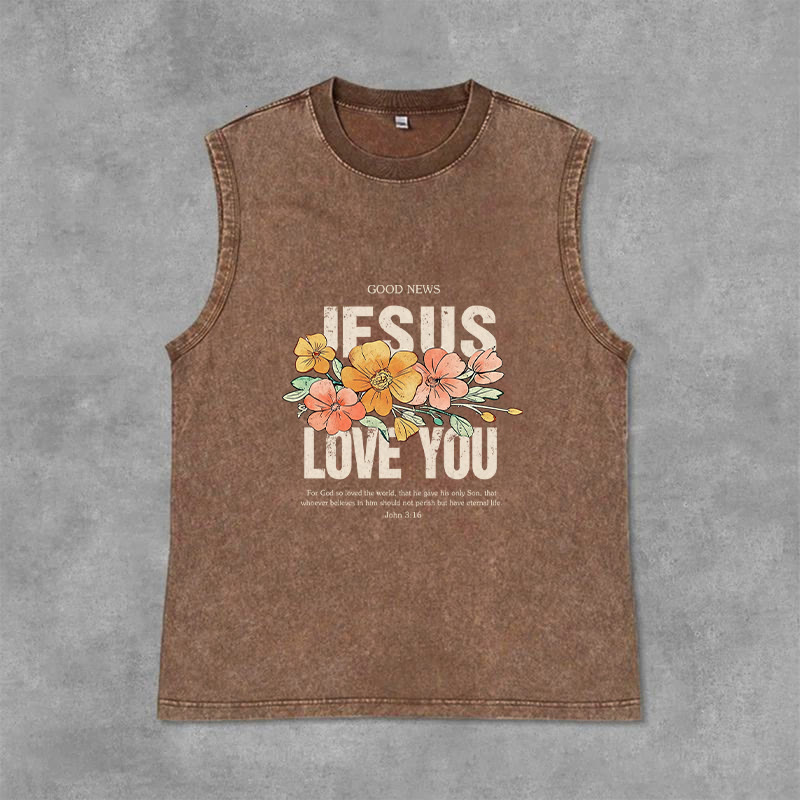 Christianartworkshop Jesus Loves You Floral Unisex Washed Tank Top - Braun - 2XL - image 0