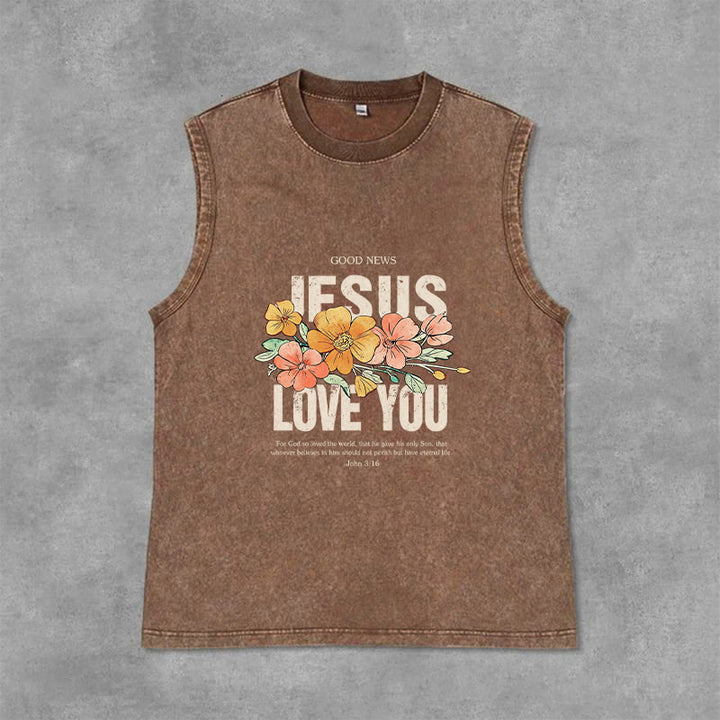 Christianartworkshop Jesus Loves You Floral Unisex Washed Tank Top - Braun - 2XL - image 0
