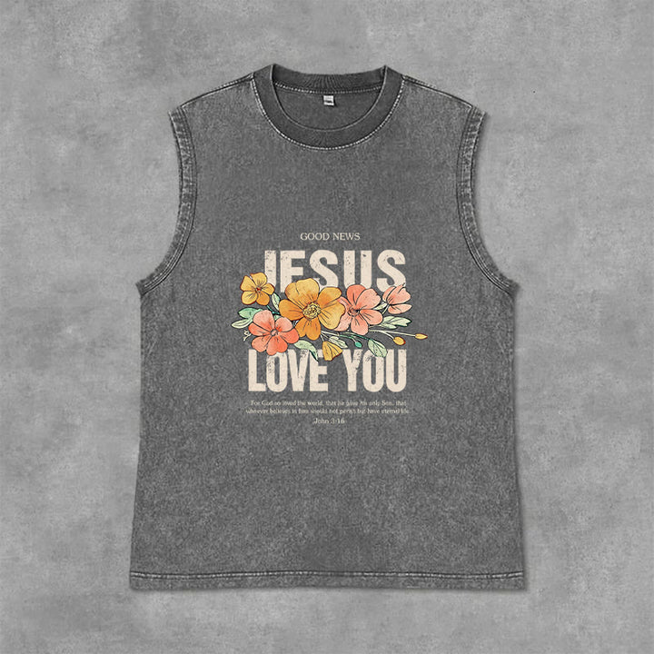 Christianartworkshop Jesus Loves You Floral Unisex Washed Tank Top - Grau - 2XL - image 12