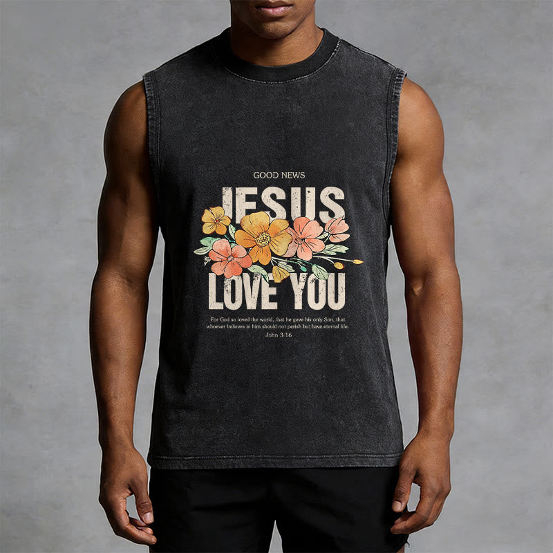 Christianartworkshop Jesus Loves You Floral Unisex Washed Tank Top - image 5