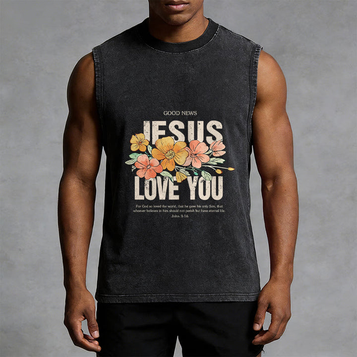 Christianartworkshop Jesus Loves You Floral Unisex Washed Tank Top - image 2