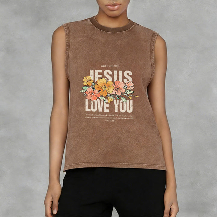 Christianartworkshop Jesus Loves You Floral Unisex Washed Tank Top - image 13