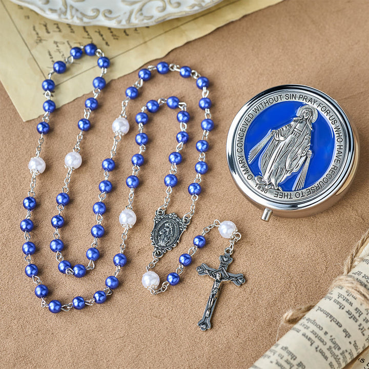 Christianartworkshop Andachtsrosenkranz mit Aufbewahrungsbox: Marienmedaille und Kruzifix zur besinnlichen Andacht - Blau - image 0