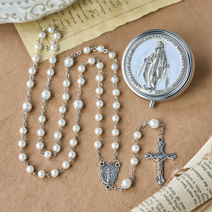 Christianartworkshop Andachtsrosenkranz mit Aufbewahrungsbox: Marienmedaille und Kruzifix zur besinnlichen Andacht - Weiß - image 6