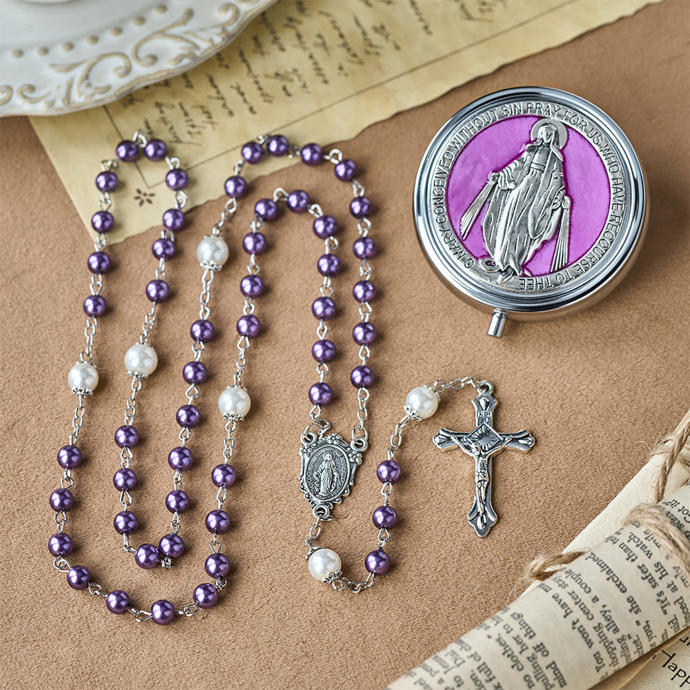 Christianartworkshop Andachtsrosenkranz mit Aufbewahrungsbox: Marienmedaille und Kruzifix zur besinnlichen Andacht - Lila - image 12