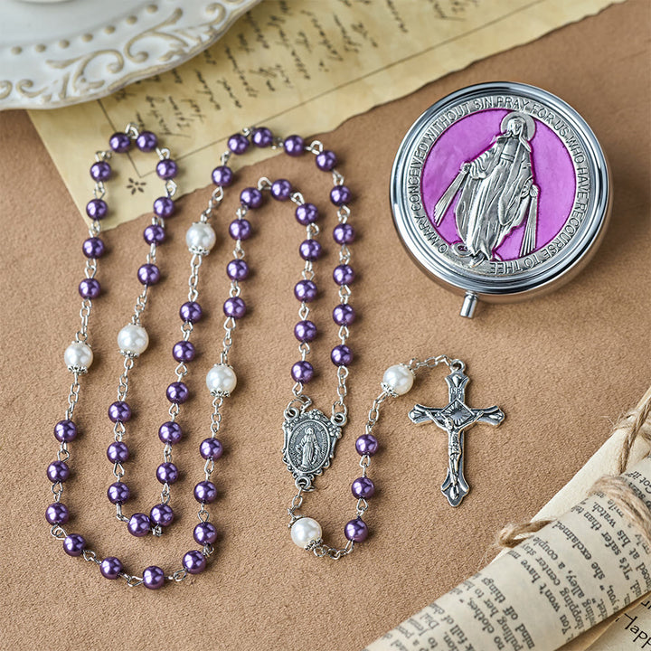 Christianartworkshop Andachtsrosenkranz mit Aufbewahrungsbox: Marienmedaille und Kruzifix zur besinnlichen Andacht - Lila - image 12