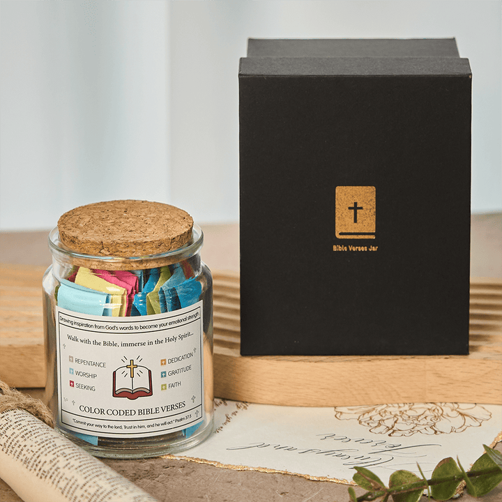 Christianartworkshop Farbcodiertes Einmachglas mit Bibelversen, Korkdeckel und Geschenkbox: Eine greifbare Erinnerung an die Heilige Schrift - A (90 Stück) - image 0