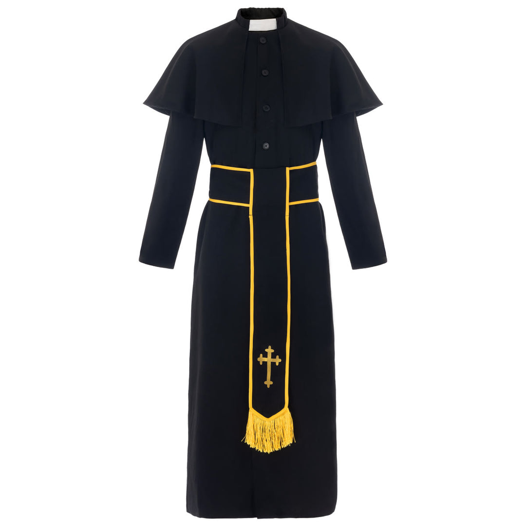 Schwarze Priesterkutte im mittelalterlichen Stil von Christianartworkshop mit Kreuzquastengürtel und Schalkragen - image 2
