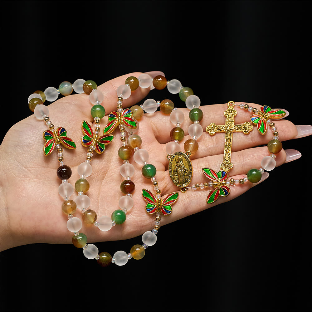 Christianartworkshop Rosenkranz aus natürlichem Malachit mit Emaille in Schmetterlingsform: Schmetterling des Glaubens - image 1