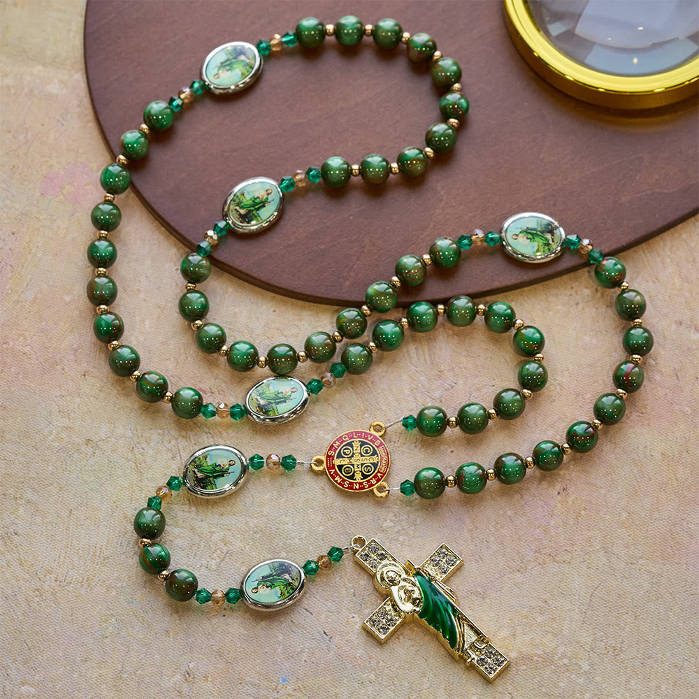 Christianartworkshop Rosenkranz mit grünen Glitzerperlen zum Heiligen Judas: Der Heilige Judas, Schutzpatron der Hoffnung - Der heilige Judas Thaddäus und der heilige Benedikt - image 0